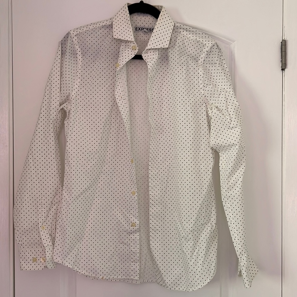 Express white dress shirt with gray polka dots